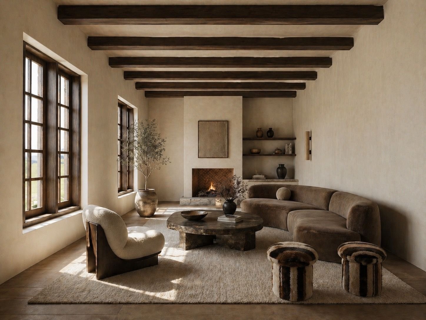 Lounge with beamed ceiling and fireplace at SOMA Franschhoek