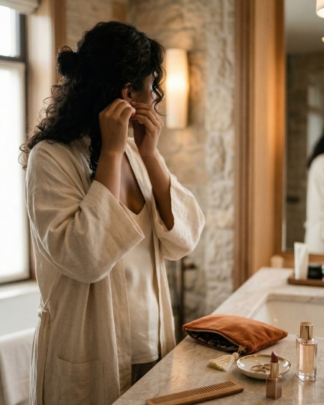 Guest in a robe getting ready in a SOMA suite