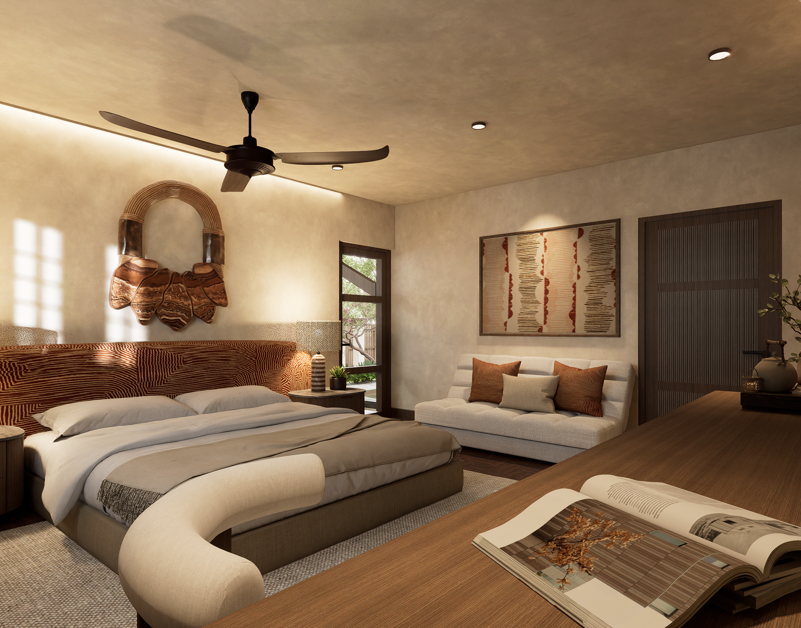 Suite bedroom with king bed, lounge seating and ceiling fan at SOMA Franschhoek