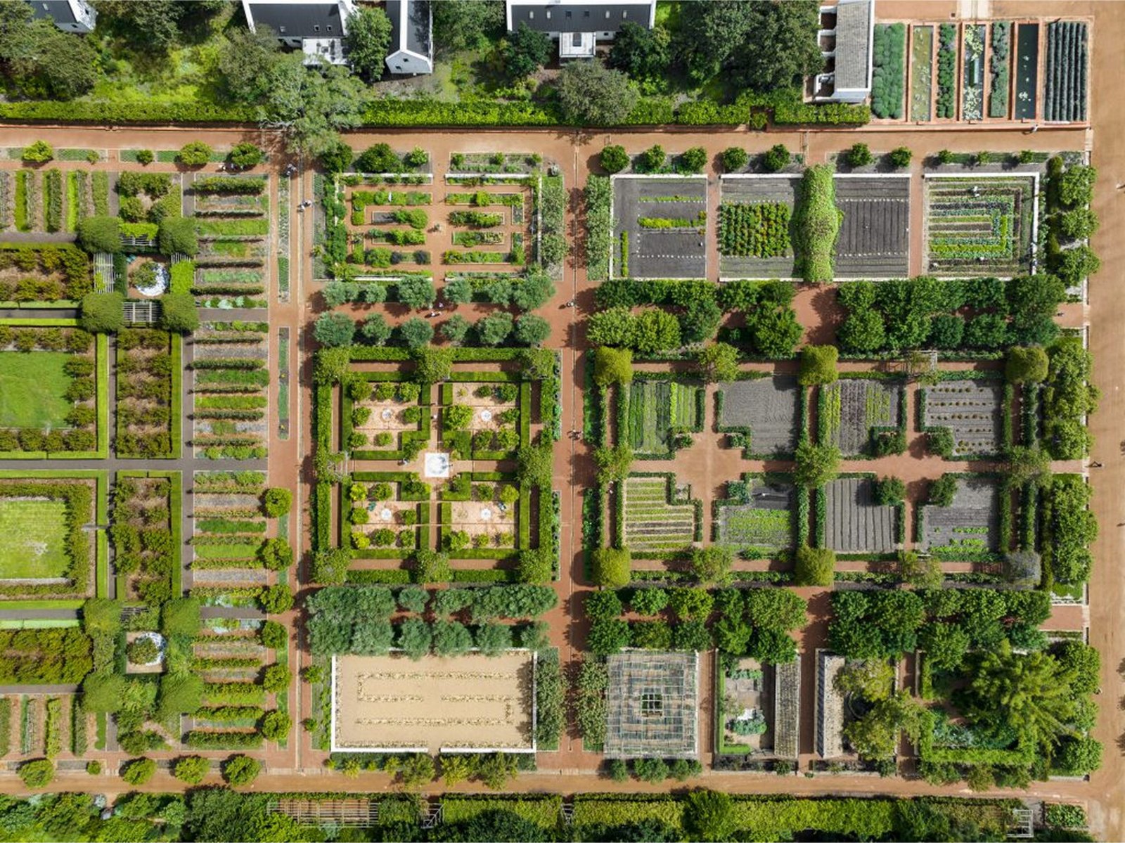 Aerial view of formal kitchen gardens in the Cape Winelands