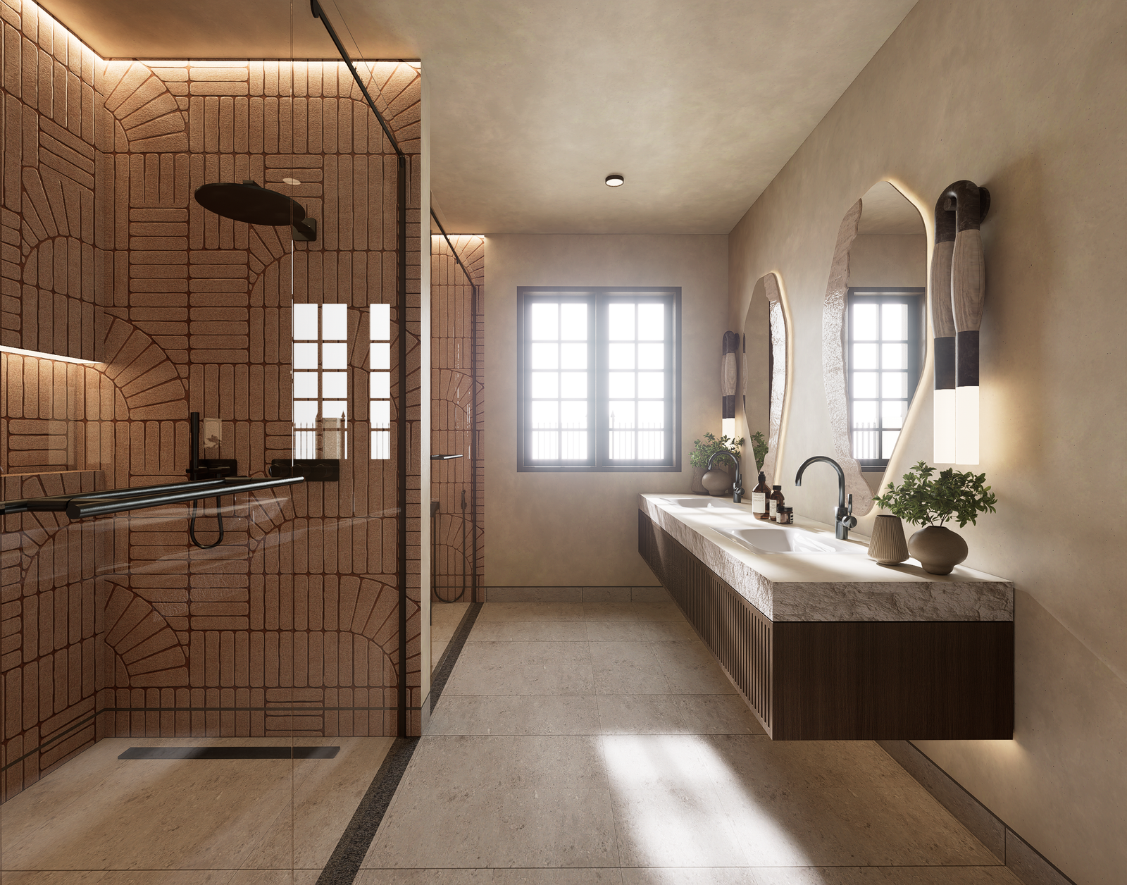 En-suite bathroom with walk-in shower and double vanity at SOMA Franschhoek